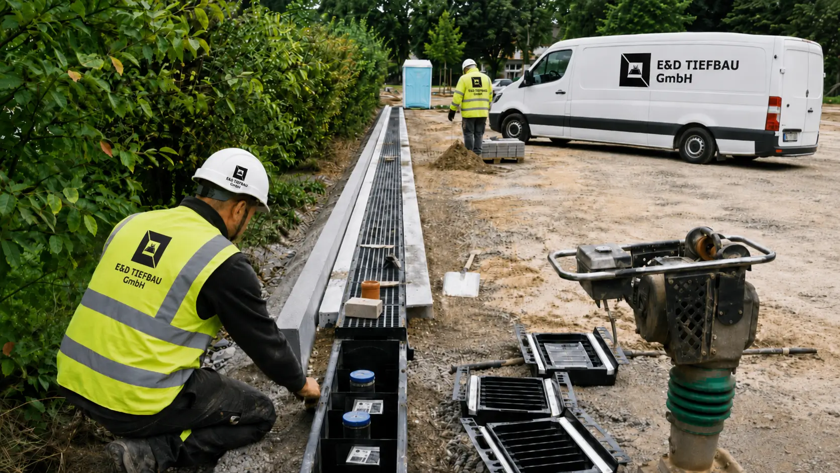 Regenwassermanagement im Tiefbau mit nachhaltiger Entwässerung, Versickerungssystemen und moderner Infrastruktur für urbane Räume.
